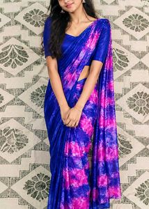 Royal Blue &amp; Pink Printed Crepe Silk Saree with Bl