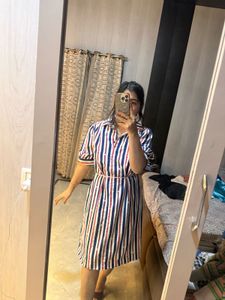 Striped Midi Shirt Dress with Pearls🦋