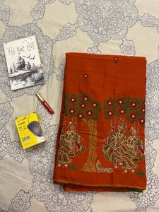 Vibrant Cotton 🍊Saree with Krishna Motif