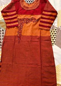 Embellished Orange and Red Striped Kurta