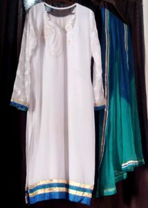 Party Wear White &amp; Blue Embroidered Kurta Plazzo,