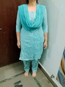 Turquoise Block Print Cotton Salwar Kameez Set