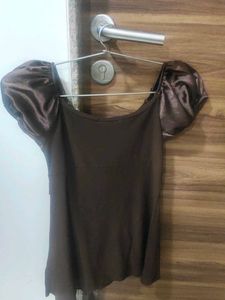 Stylish Brown Satin Top with Puff Sleeves