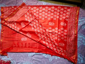 Vibrant Red Block Print Saree