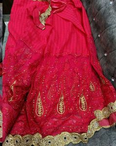Vibrant Pink Embroidered Saree with Gold Border