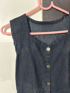 Dark Denim Sleeveless Front-Button A-Line Dress