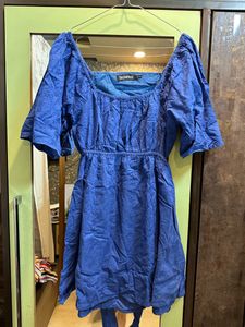 Women Royal Blue Schiffli Back Tie Short Skater Dr