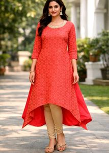 2 Layered Red Kurta with Mirror Work