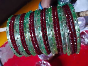 Elegant Green &amp; Red Beaded Bangles