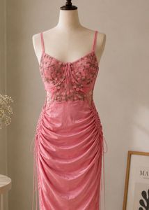 Pink Ruched Floral Lace Dress