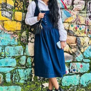 Blue Denim Pinafore Dress with White Blouse