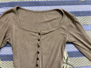 Ribbed Square Neck Button-Up Top