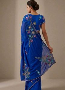 Royal Blue Floral Embroidered Saree