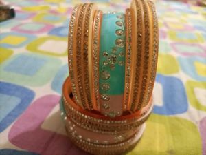 Sparkly Pink &amp; Yellowish, Cream Colour Chura Set💛