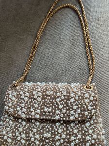 Embellished Pearl & Gold Clutch Bag