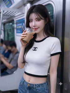 Chanel White Ribbed Crop Top with Black Trim