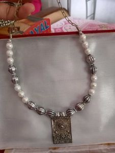 Pearl &amp; Silver Necklace With Grey Earrings