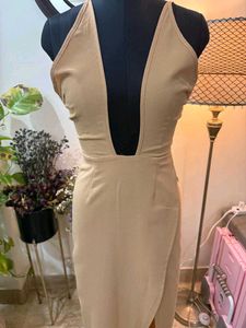 Elegant Beige Plunge Neck Maxi Dress
