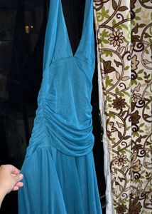 Blue Ruched Halter Neck Midi Dress