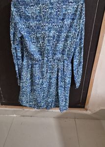 Blue Abstract Print V-Neck Dress