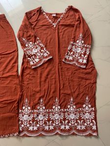 Orange Kurta Set with White Embroidery