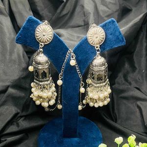 Oxidized Silver Bahubali Jhumka Earrings with Chai