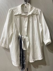 Chic White Button-Up Top with Scarf