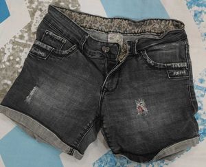 Grey Denim Shorts with Ripped Detail