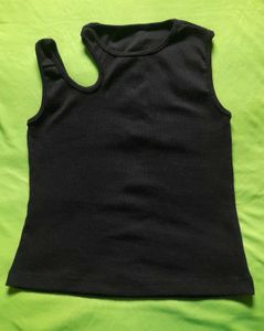 Black Ribbed Crop Tank Top Asymmetric Shoulder Cut