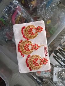 Exquisite Gold &amp; Red Jhumka Earrings