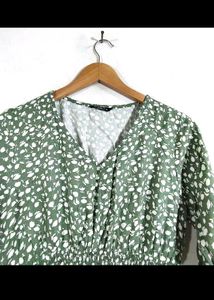 new Green &amp; White Print Casual Dress