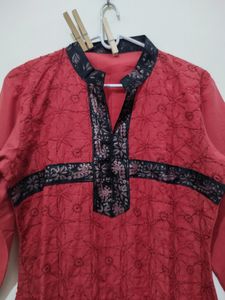 Red embroidered Kurta With Black Trim