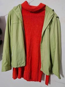 Orange Knit Mini Dress with lime green jacket