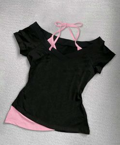 Black Pink Trimmed Off-Shoulder Top