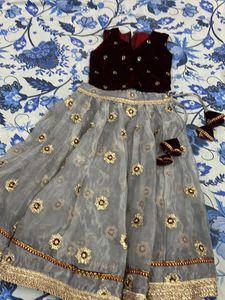 Maroon Velvet Choli With Organza Lehnga