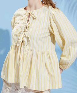 Chic Yellow Striped Tie-Neck Top
