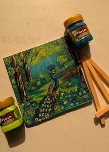 Mini peacock Landscape painting with wooden stand