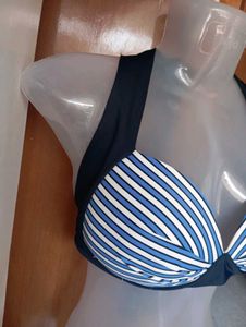 Blue &amp; White Striped Halter Bikini Top