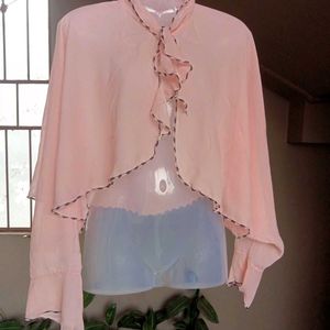 Elegant Pink Ruffled Cape Blouse