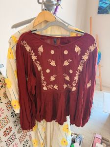 Maroon Embroidered Peplum Top