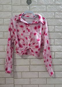 Pink Rose Floral Center-Twist Crop Shirt