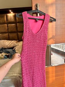 Chic Pink Crochet Midi Dress