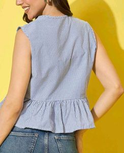 Blue Striped Tie-Front Peplum Top