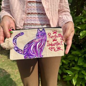 Handpainted Meow Cat pouch with parrot tassel