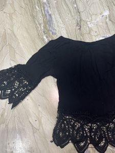 Black Lace Trim Bell Sleeve Top