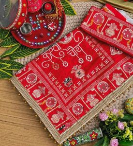 Vibrant Red Saree with Peacock Motif