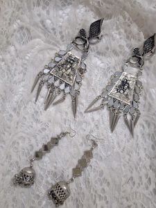 Oxidized Silver Earrings with Mirror Work