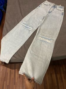 ZARA Light Wash Ripped Wide Leg Jeans