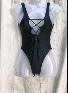 New Women's Black Lace-Up One-Piece Swimsuit
