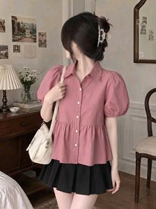 New with tag Korean Cute Pink Puff Sleeve Peplum T